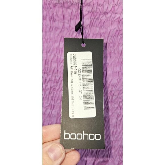 Boohoo Smocked Shirred Mini Skirt Womens Sz 12 Ruffle Purple Lilac Stretch NEW - Picture 3 of 6